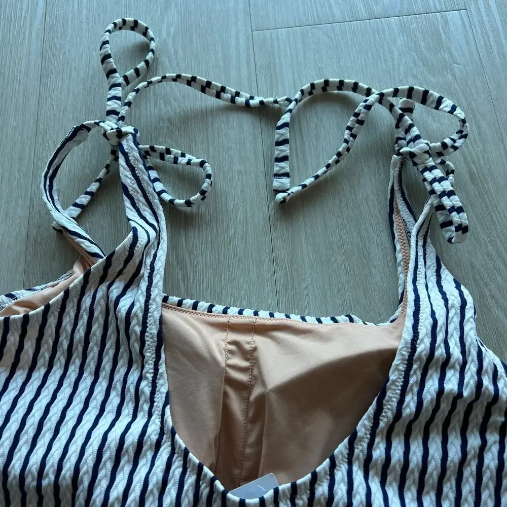 J Crew Factory Striped Tie Shoulder One Piece Swimsuit Large Antique Navy White